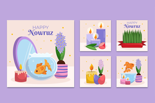 وکتور لایه باز EPS و Ai قالب پست اینستاگرام هفت سین شامل ماهی و تخم مرغ رنگی و سنبل و سبزه و آینه ویژه عید نوروز 